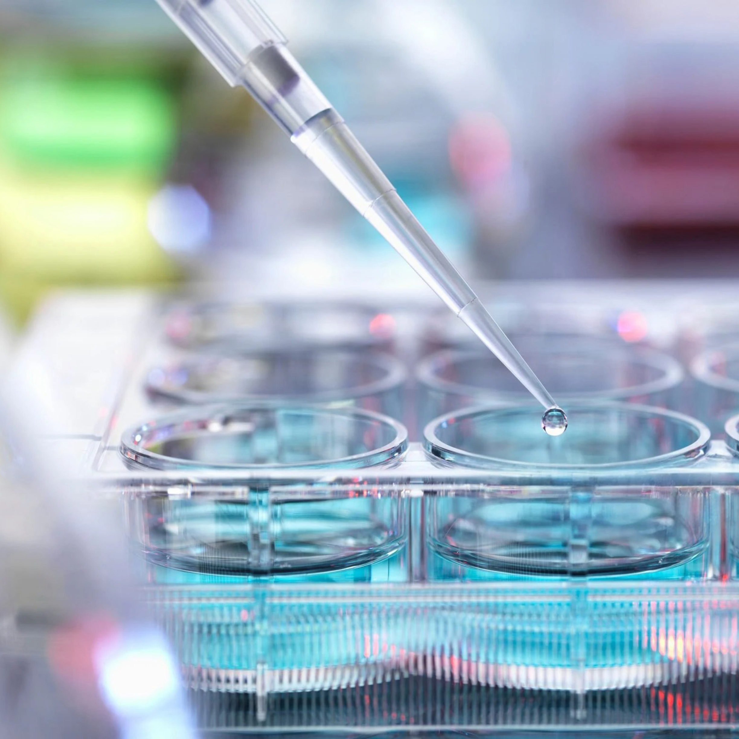 a close up of a pipette precisely dispensing a droplet into a multi well plate in a lab.